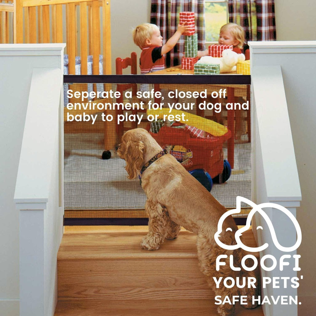 Dog and babies separated by Floofi safety gate, providing a safe play environment for pets and children.