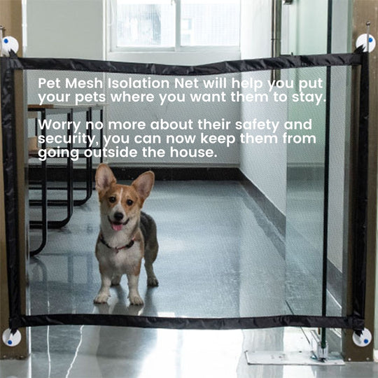 Corgi dog behind a pet mesh isolation net in a house, promoting safety and security while keeping pets from going outside.