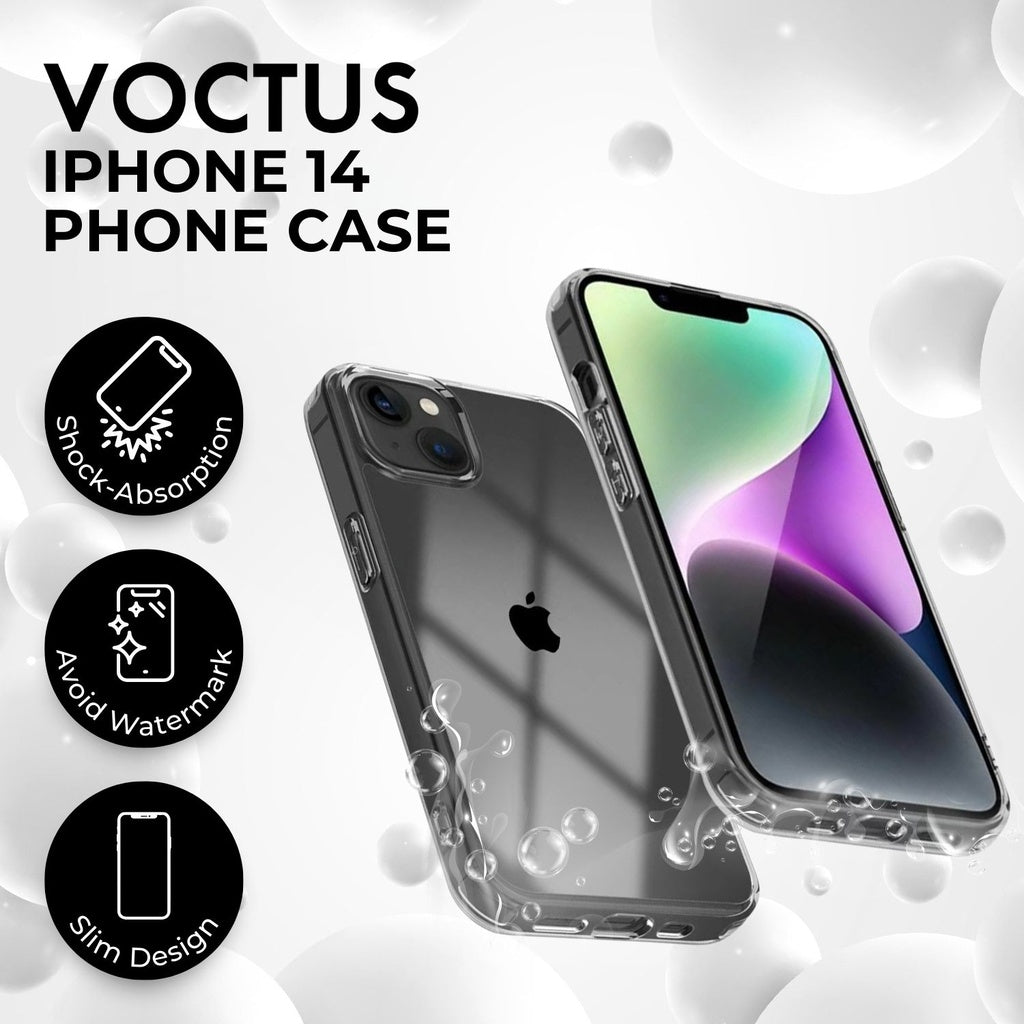 Voctus iPhone 14 phone case showcasing shock-absorption, anti-watermark, and slim design features.