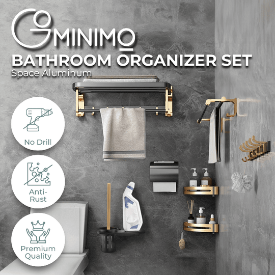 Gominimo affordable DIY luxe bathroom organizer set in black gold space aluminum with towel holder, hooks, anti-rust quality.