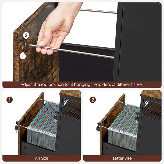 Adjusting rod in VASAGLE office file cabinet for A4 and letter-size folders, showcasing affordable, DIY, quality organization.