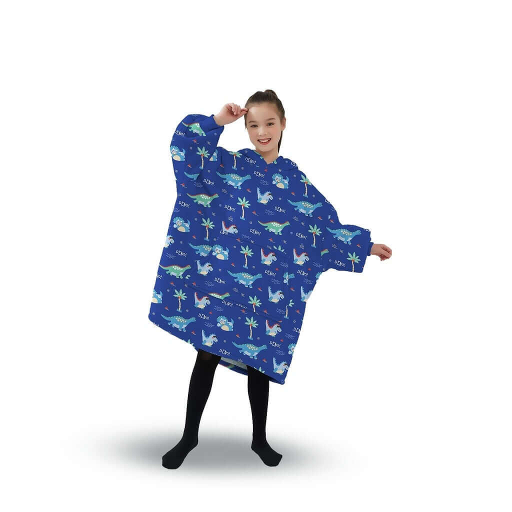 Kids in GOMINIMO Dinosaur Hoodie Blanket, dark blue with vibrant dino prints, featuring cozy flannel and sherpa layers.