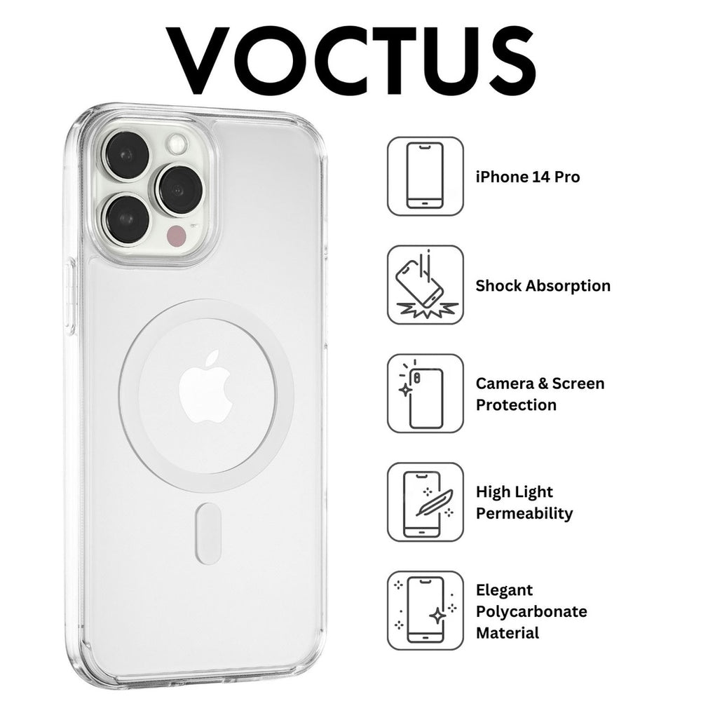 Clear Vuctus case for iPhone 14 Pro with shock absorption, camera and screen protection, high light permeability, and polycarbonate material