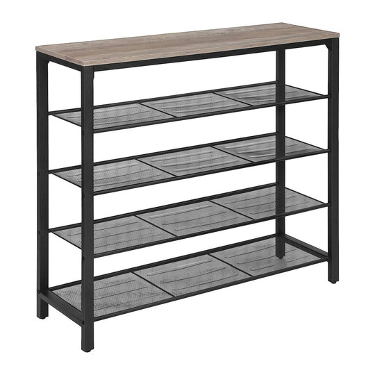 Modern black metal and wood shelf unit offering affordable, quality, value furniture and versatile homewares storage solutions.