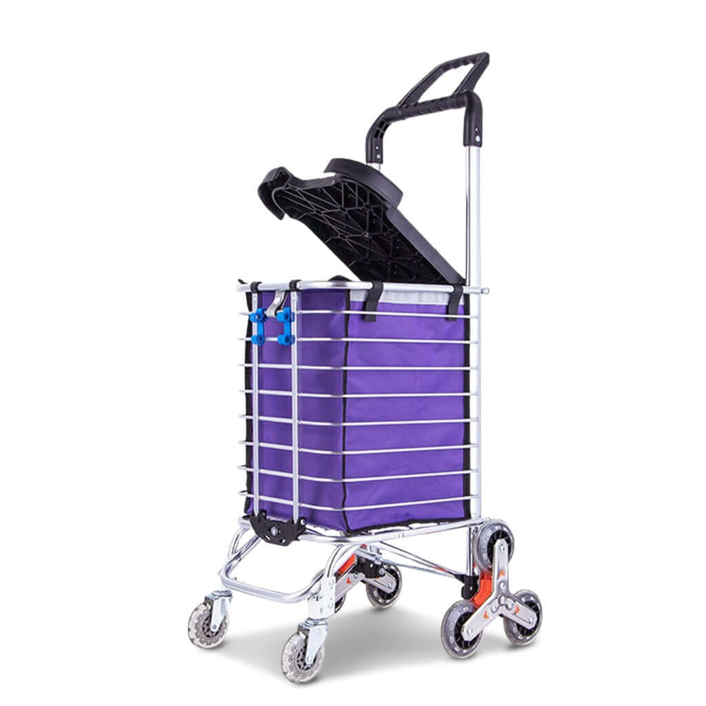 GOMINIMO purple foldable shopping trolley cart with aluminum frame, stainless steel wheels, and lid for DIY and luxe shopping solutions.