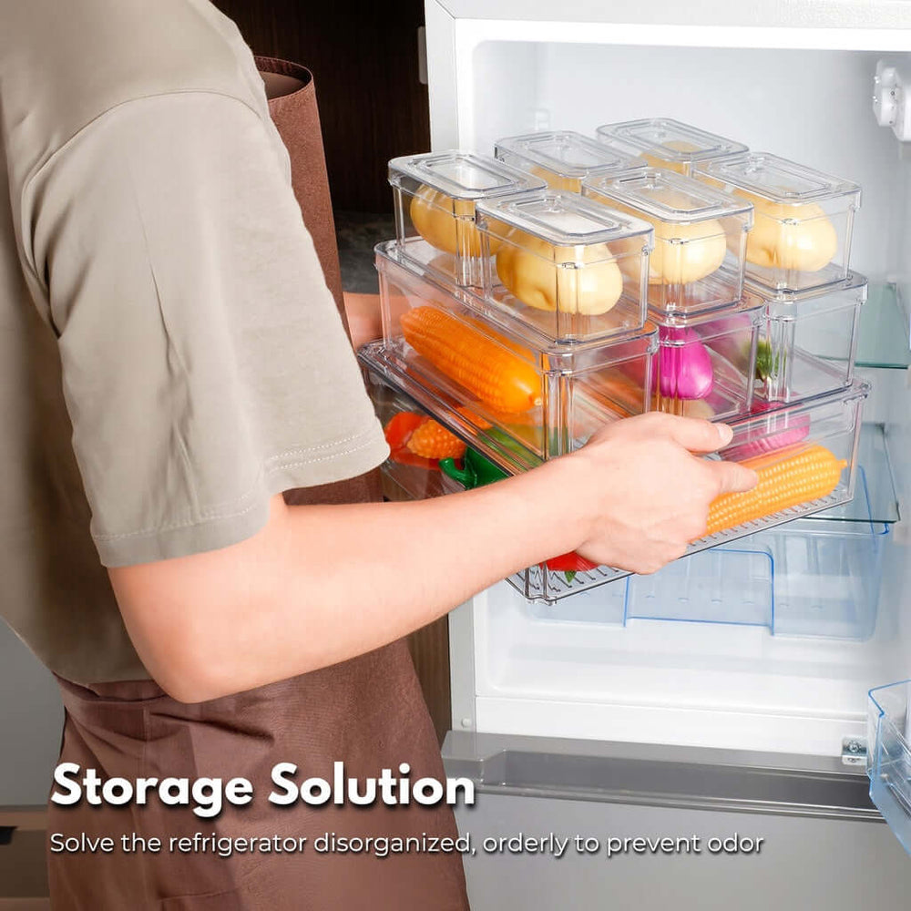 Affordable GOMINIMO clear stackable fridge organizer bins in use, providing a quality storage solution for vegetables and fruits.