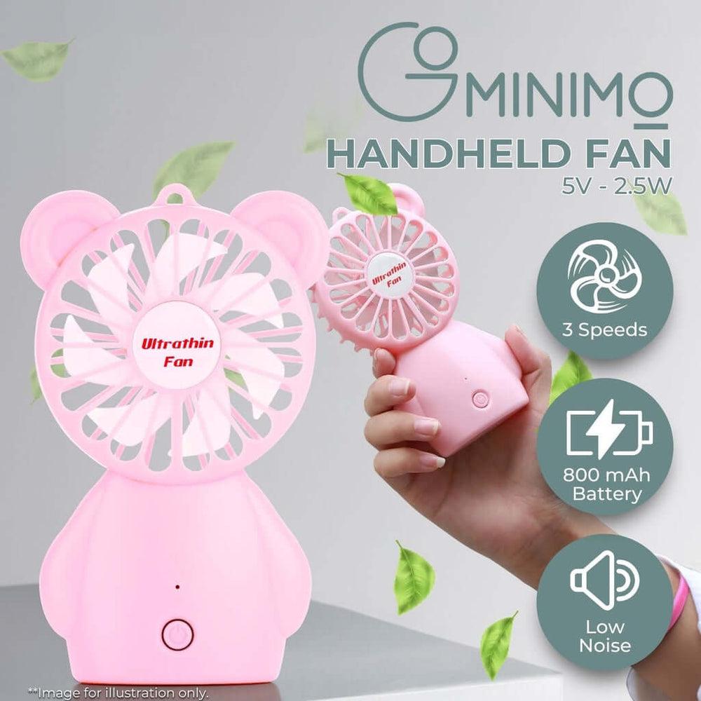 Gominimo pink handheld fan with bear design, showcasing 3 speeds, 800 mAh battery, and low noise for portable cooling.