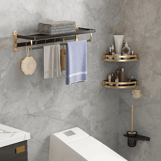 Affordable black gold bathroom accessories set, space aluminum, DIY installation, luxe style, includes towel and toilet brush holders.