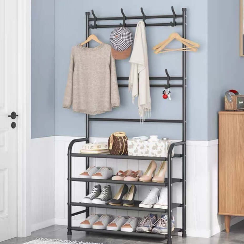 Black GOMINIMO clothes rack with 8 hooks and 4-tier shoe shelves, showcasing affordable and quality DIY home organization.