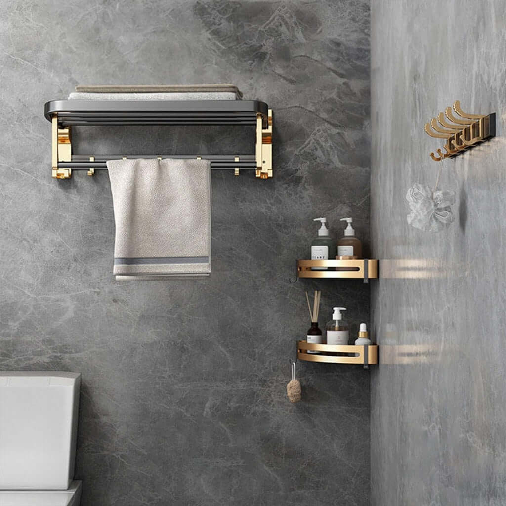 Luxurious DIY space-saving bathroom accessory set, black gold, durable aluminum, affordable and stylish towel holder and hooks.