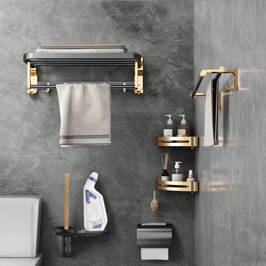 Black gold bathroom wall mount accessory set with towel holder and storage shelves crafted from quality space aluminum for a luxe DIY upgrade.