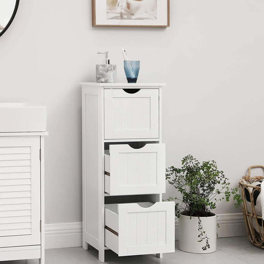 VASAGLE affordable white floor cabinet with 3 drawers, durable E1-grade wood, Nordic style for a luxe, soothing atmosphere.