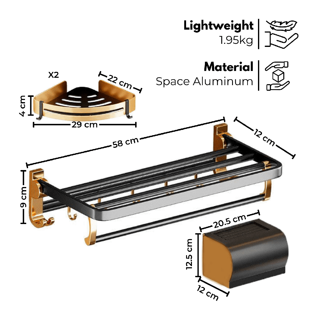 Affordable black gold bathroom accessories set with towel holder, tissue box. Durable and quality space aluminum, ideal for DIY projects.