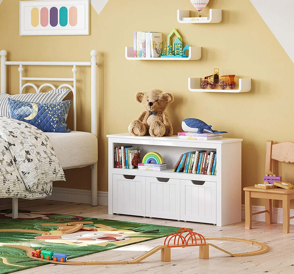 Affordable VASAGLE white storage bench with shelf and drawers in a cozy, kid-friendly room, showcasing DIY organization solutions.