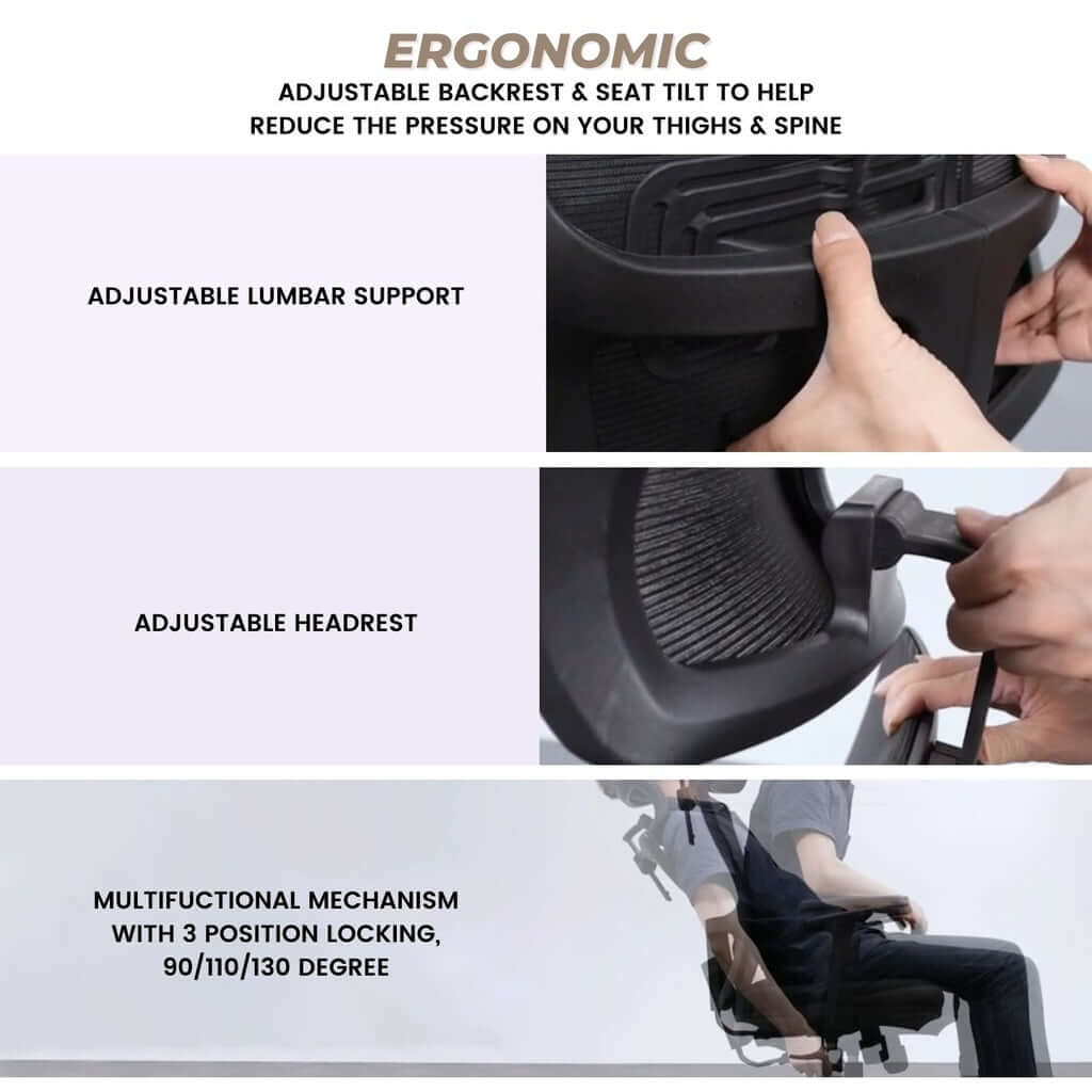 Ergonomic office chair features adjustable lumbar support, headrest, and multi-position tilt for comfort and spine pressure relief.