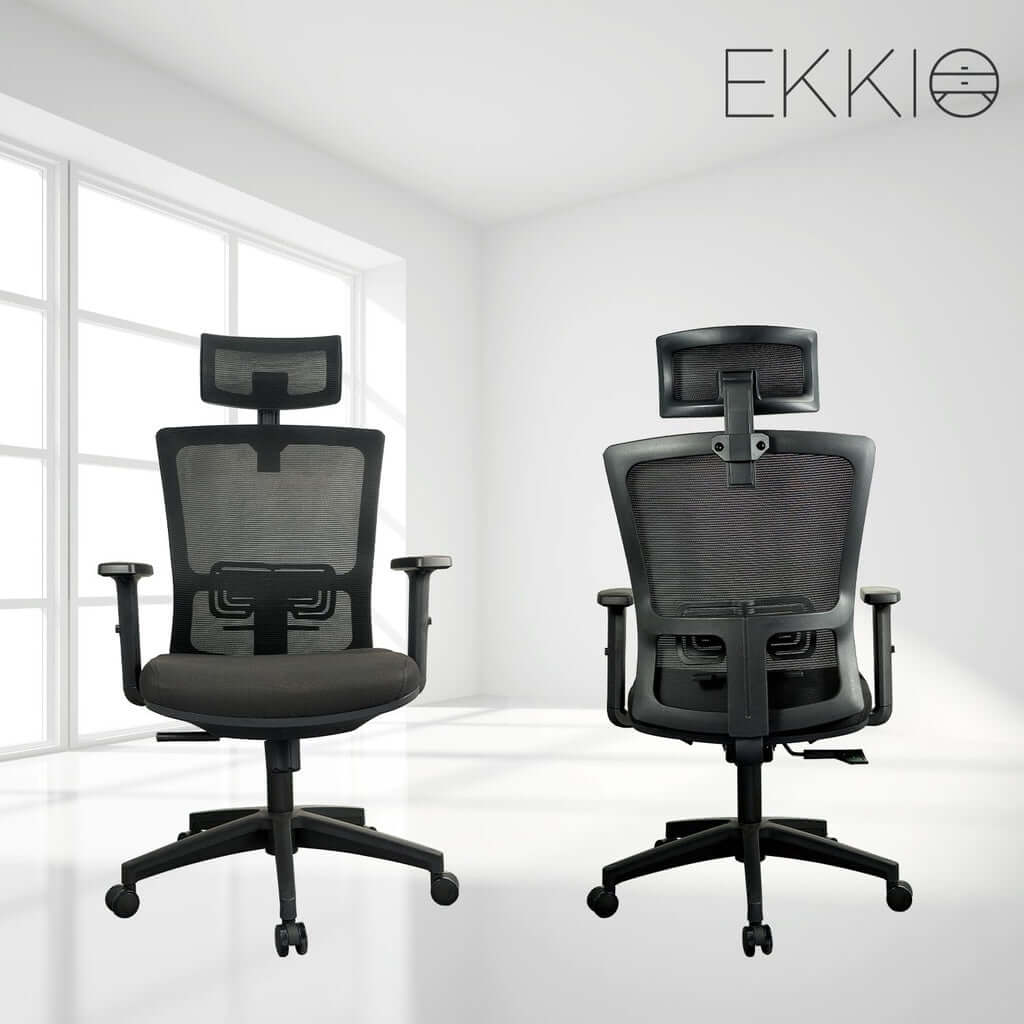 Affordable EKKIO Zorae black office chair with ergonomic features, shown in modern setting, offers quality, luxe design, and DIY setup.