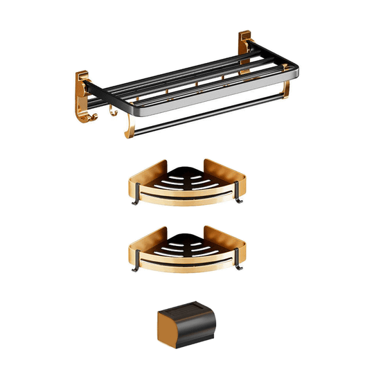 Affordable DIY luxe bathroom wall mount accessories set in durable black gold space aluminum for quality bathroom organization.