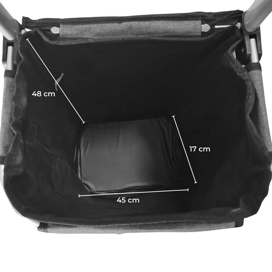 Interior view of GOMINIMO foldable shopping trolley bag, showing dimensions of 48 cm height, 45 cm width, and 17 cm depth.