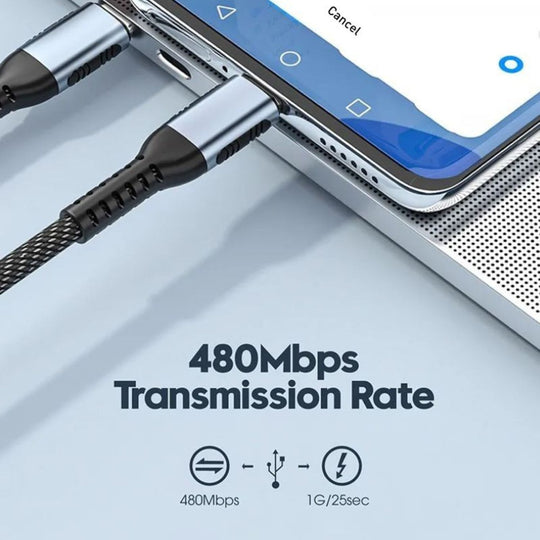 USB cable connected to a smartphone displaying 480Mbps transmission rate for fast data transfer.