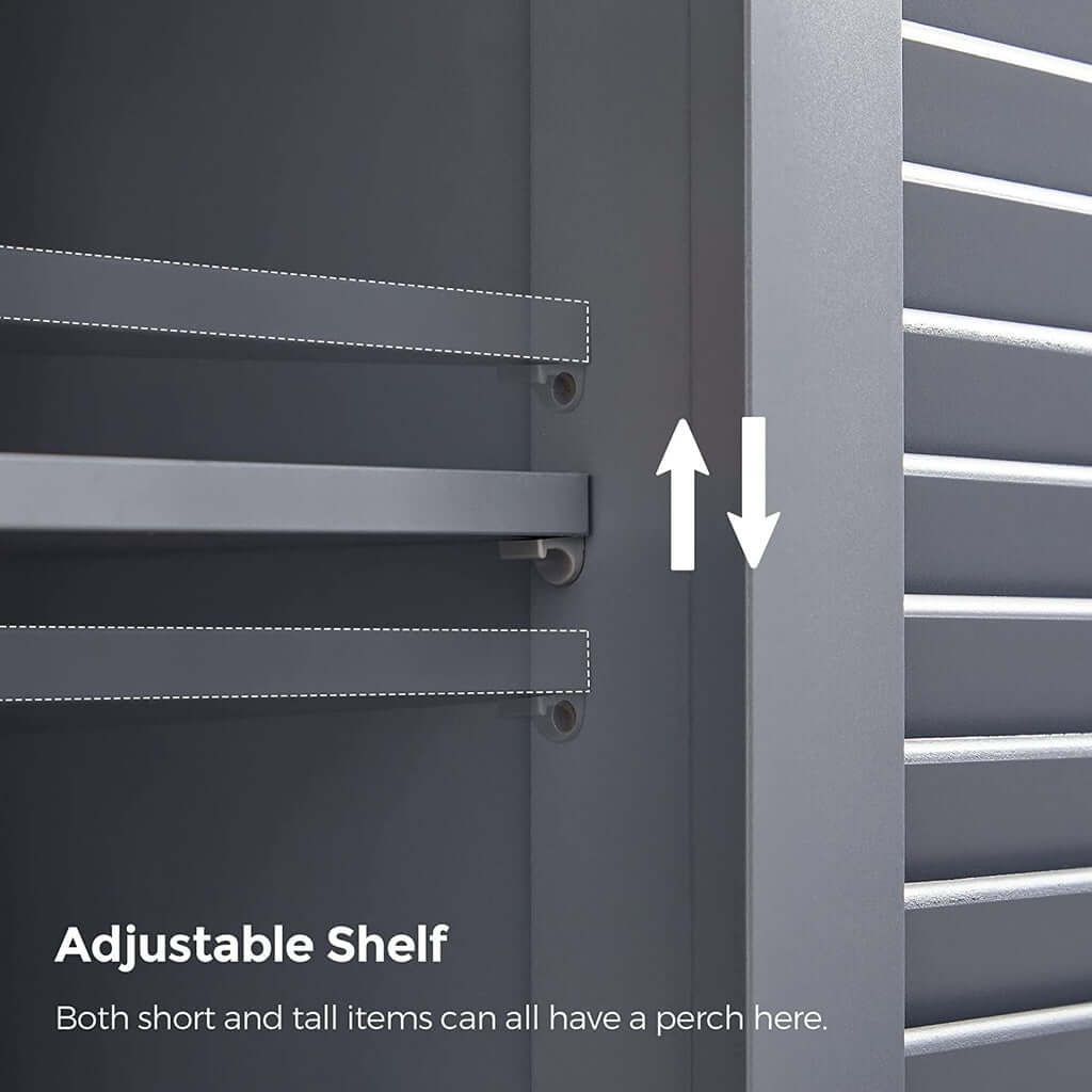 Adjustable shelf of VASAGLE gray floor cabinet with louvered door; perfect for affordable, quality DIY storage solutions.