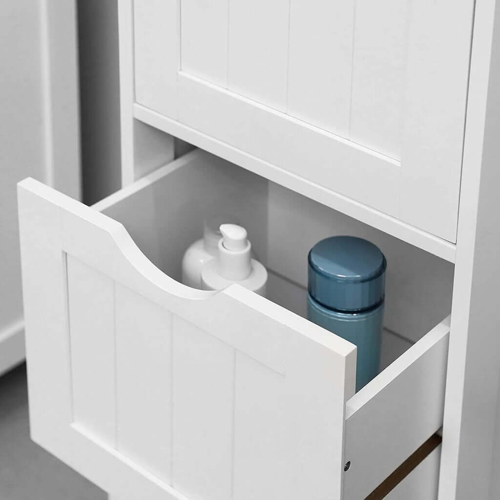 Open drawer of VASAGLE white floor cabinet showing storage space with a bottle, highlighting DIY, affordable, quality furniture.