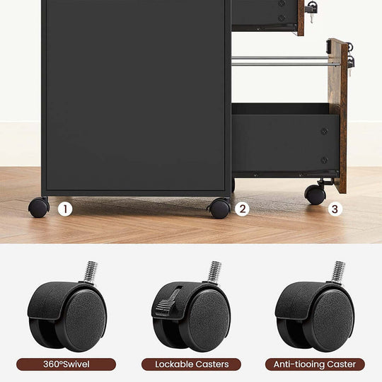 VASAGLE office file cabinet with lockable drawers and steel frame, showing swivel, lockable, and anti-tip casters in detail.