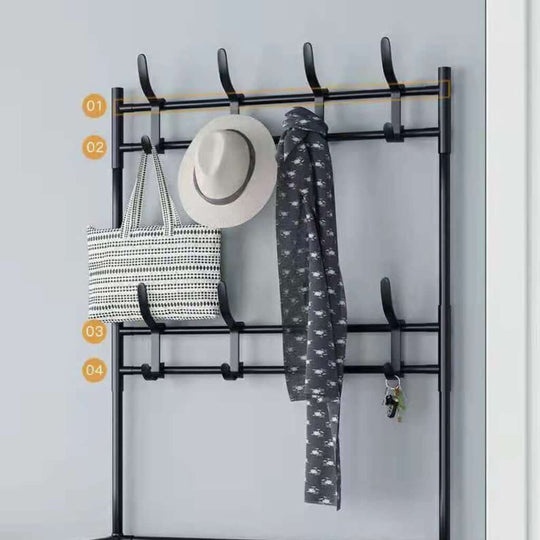 Black GOMINIMO clothes rack with hat, bag, scarf on hooks shows affordable, quality storage solution with versatile use.