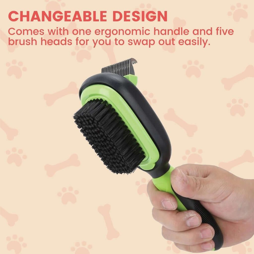 Floofi 5in1 Pet Grooming Set showing ergonomic handle with interchangeable brush heads for easy pet grooming.