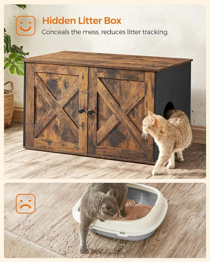 Vintage brown cat litter box with barn doors, offering a stylish, affordable DIY washroom solution that reduces mess and provides privacy.