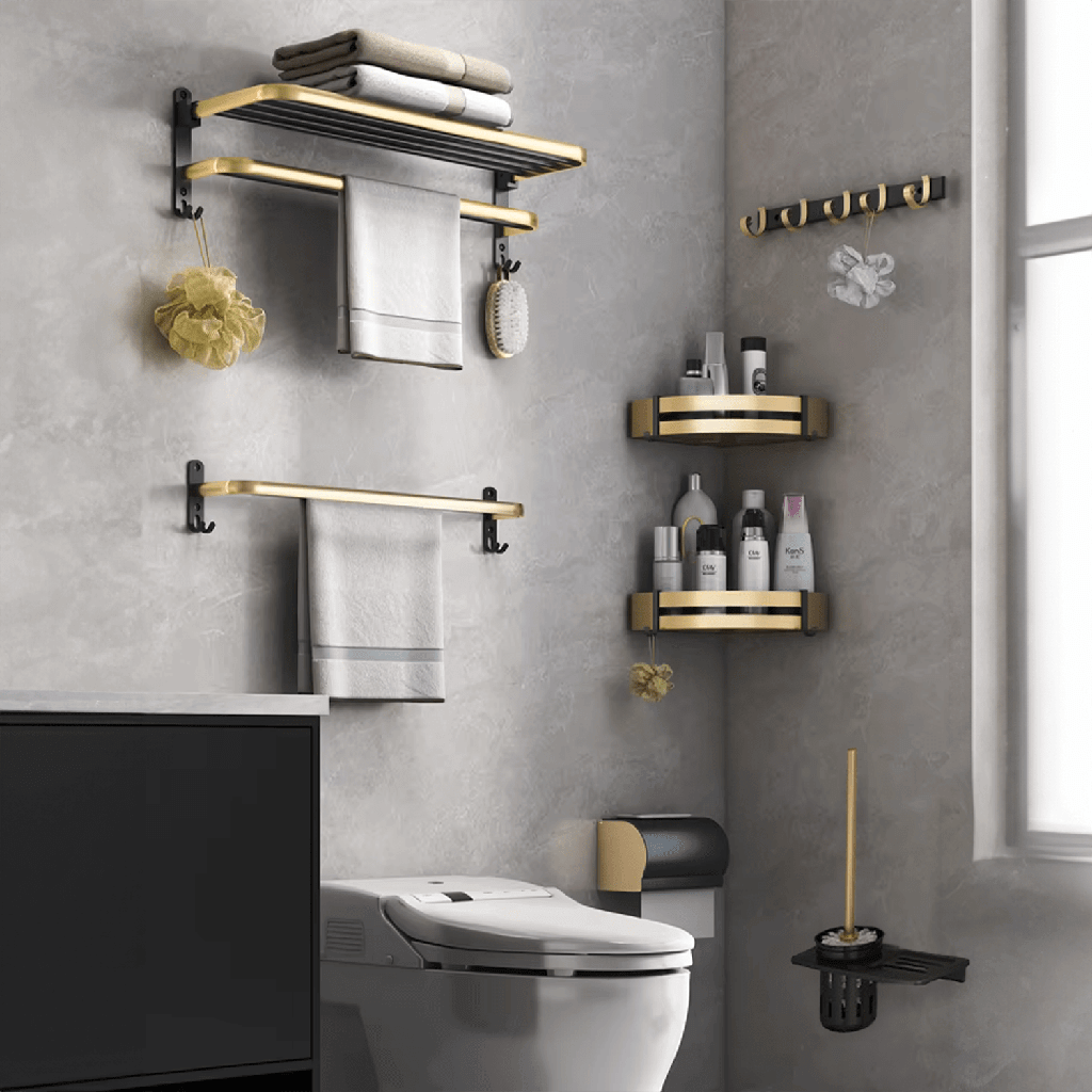 Black gold bathroom accessories set in modern bath space, showcasing affordable DIY luxe style with durable space aluminum.