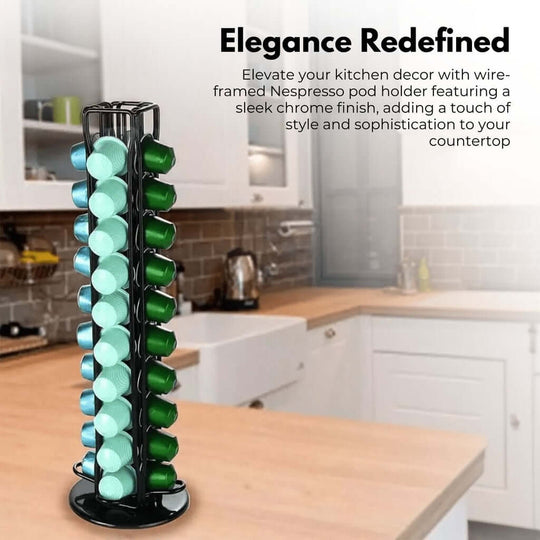 GOMINIMO coffee pod holder in black, elegantly displaying Nespresso pods, stylish kitchen decor solution.