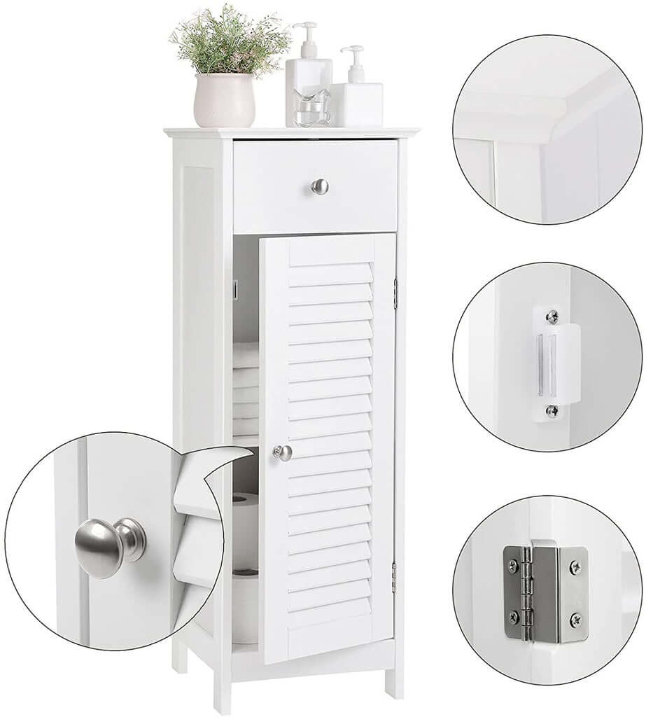 White VASAGLE floor cabinet with drawer and door, featuring sleek design and quality hardware, perfect for affordable DIY storage.