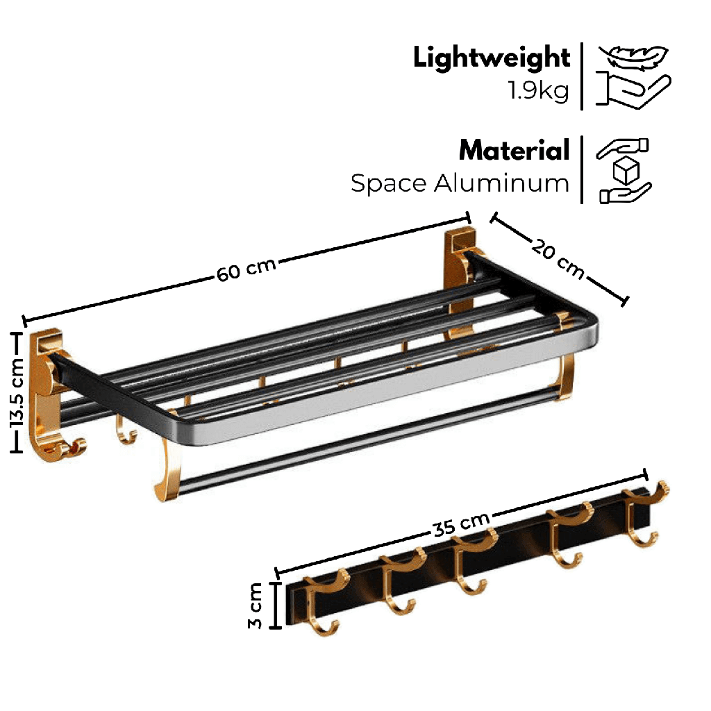 Black Gold bathroom wall mount accessories set with towel holder and hooks, lightweight space aluminum, affordable DIY luxe option.