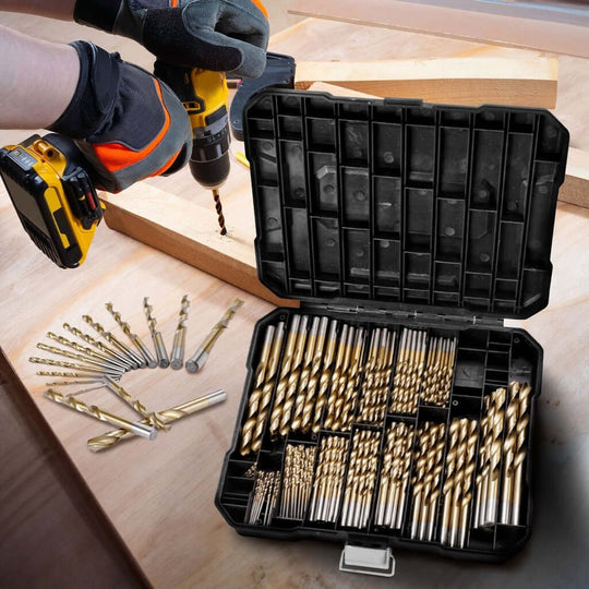 RYNOMATE 230 pcs drill bits set in black plastic case, showcasing high-speed steel bits for DIY projects and precision drilling.