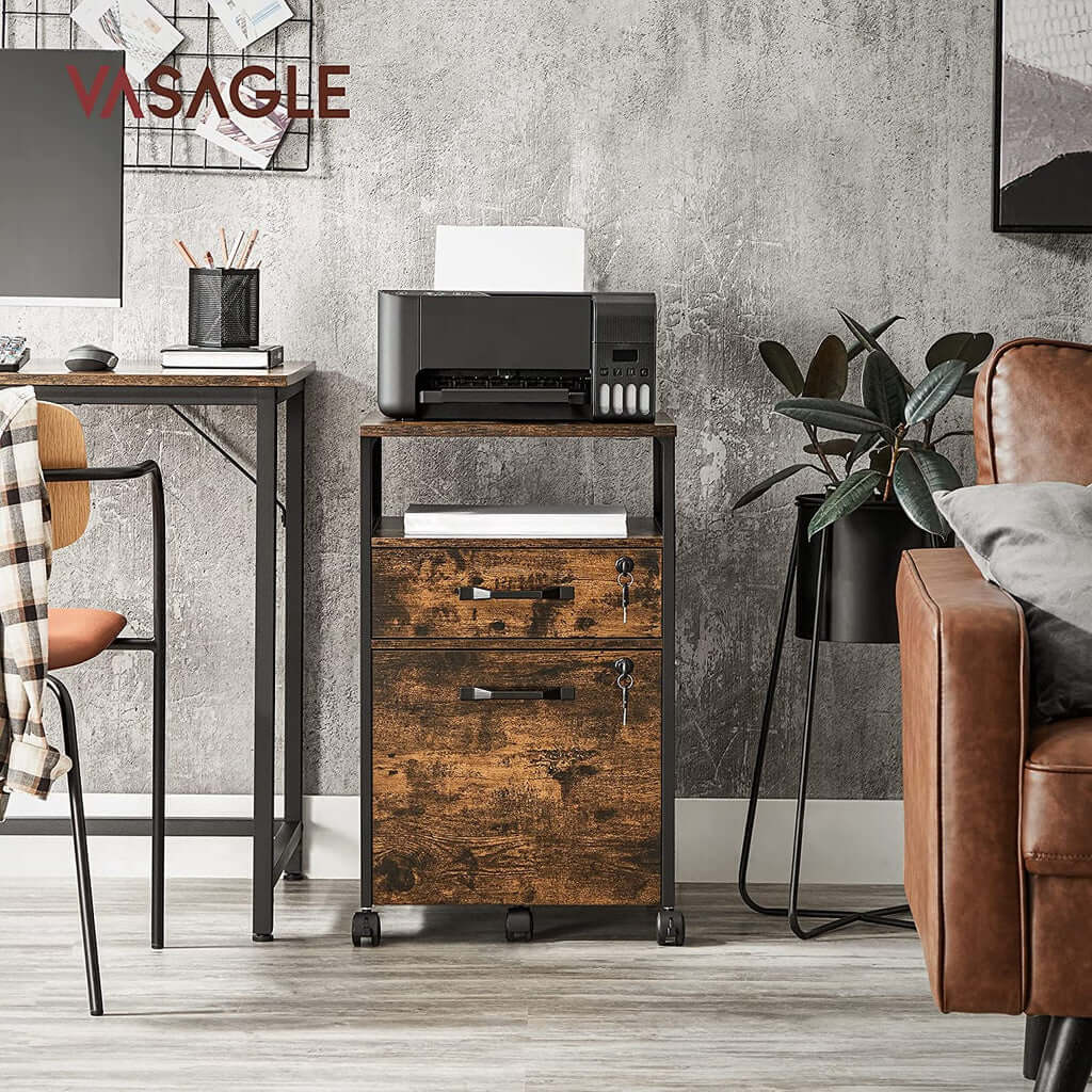 Affordable VASAGLE office file cabinet with 2 lockable drawers, steel frame, rustic brown and black, ideal for DIY luxe decor.