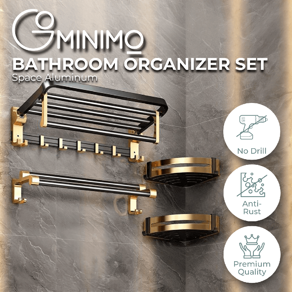 Gominimo black gold bathroom organizer set with towel bars, space aluminum, anti-rust, affordable DIY luxe quality.