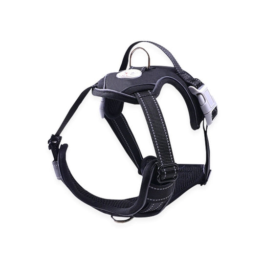 Durable black pet harness with sturdy straps and metal ring for leash attachment.