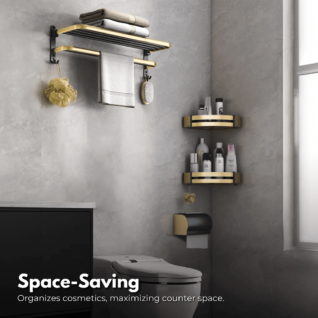 Affordable DIY bathroom accessories set in black gold, featuring space-saving towel holder and shelves for luxe and cheap organization.