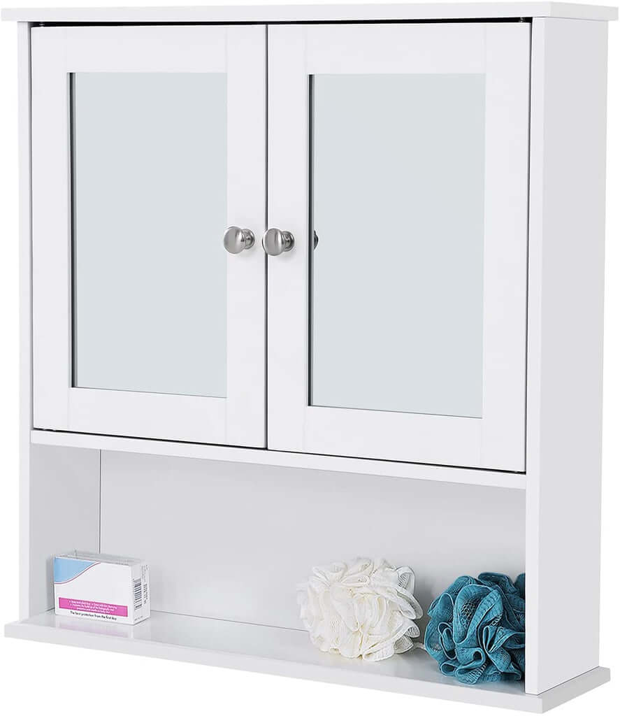 Affordable VASAGLE wall cabinet with 2 mirror doors, white, DIY bathroom storage, luxe design, quality and cheap solution.