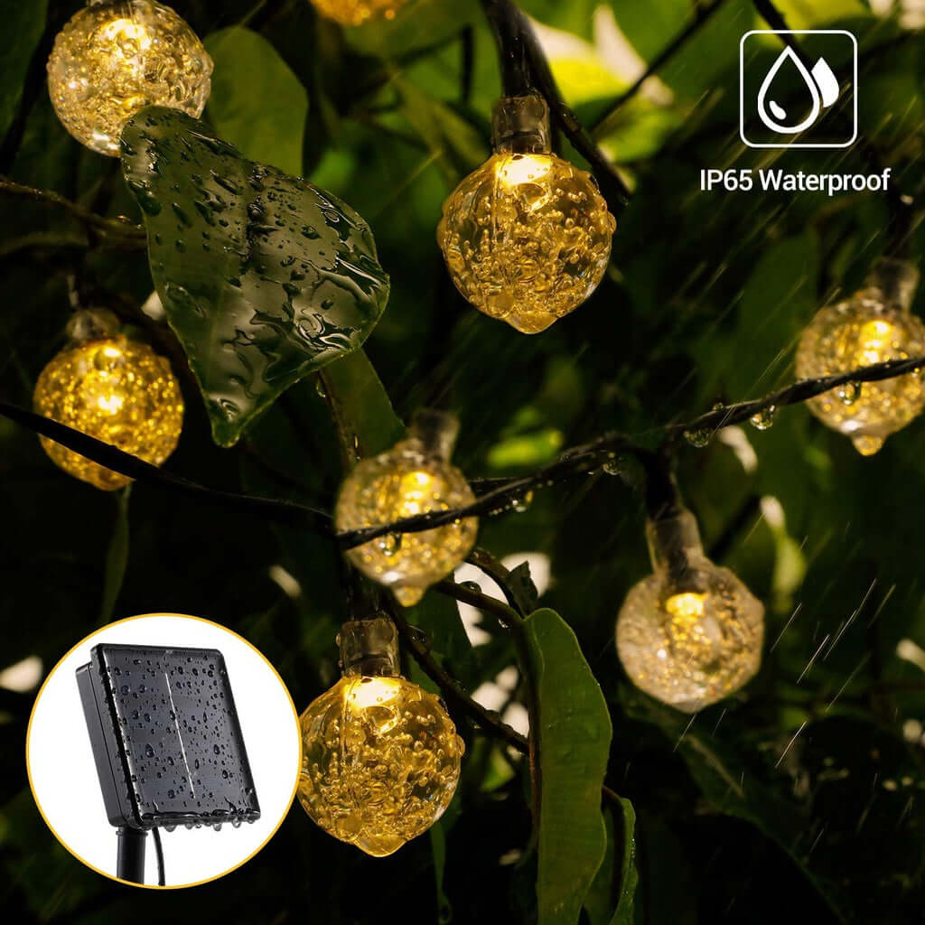 Noveden 200 Light Bulb Solar String Lights with warm glow, IP65 waterproof solar panel, perfect for DIY festive decor.