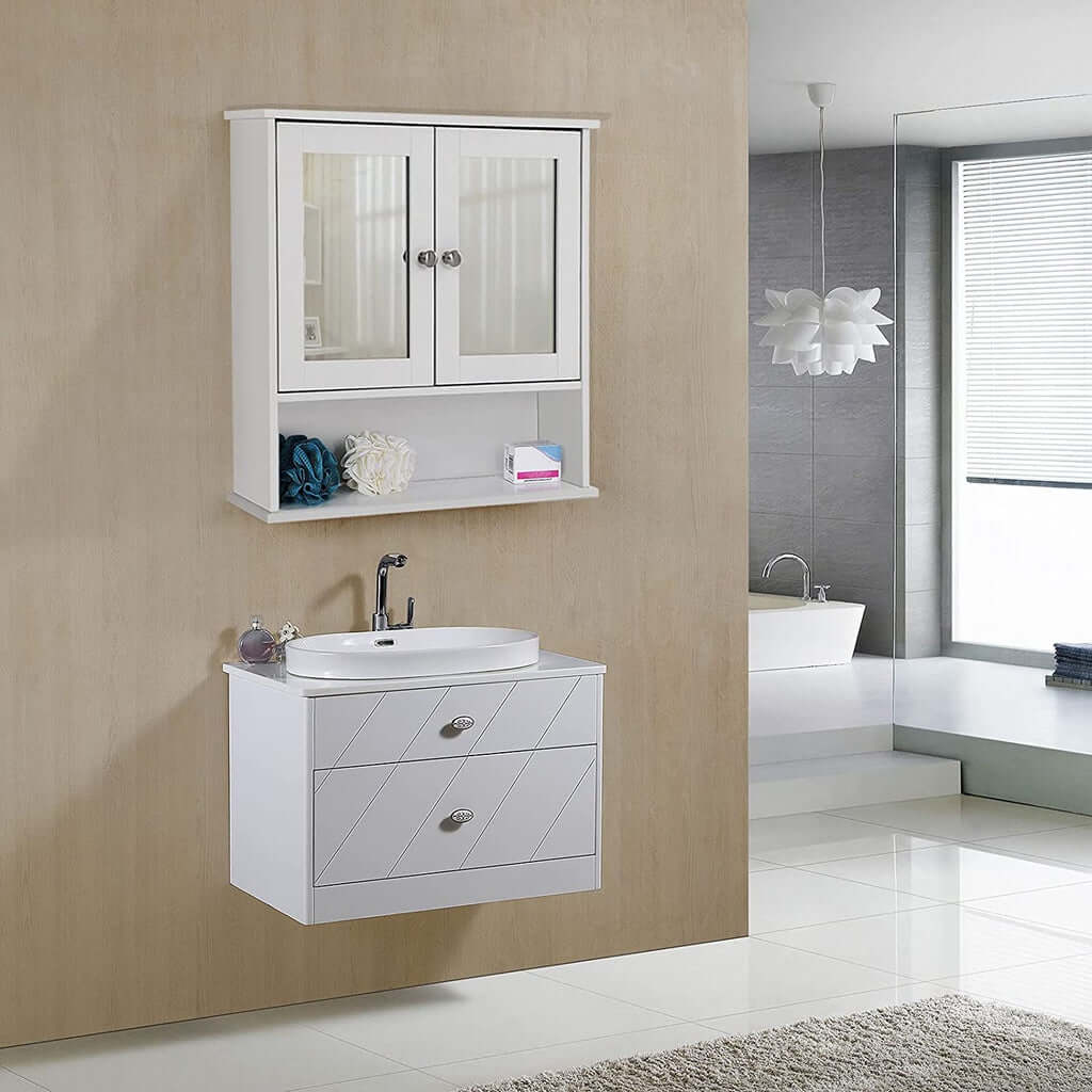 VASAGLE affordable white wall cabinet with 2 mirror doors in a modern bathroom setting, perfect for DIY and quality storage.