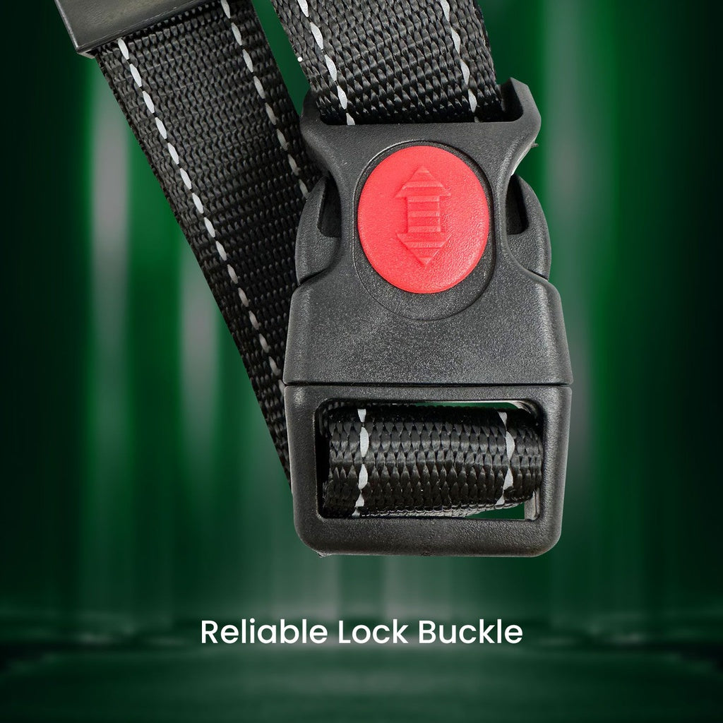 Reliable lock buckle with a red button on a black strap against a green background.