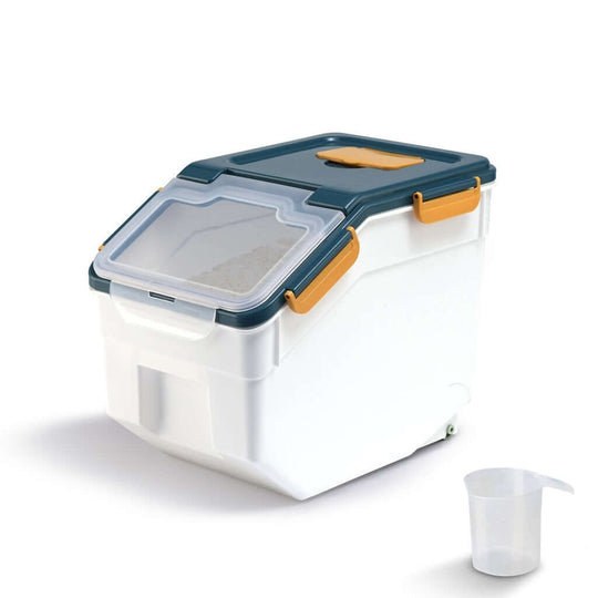 Gominimo airtight food storage container in blue with transparent lid and locking mechanism, ideal for organizing pantry rice and grains.