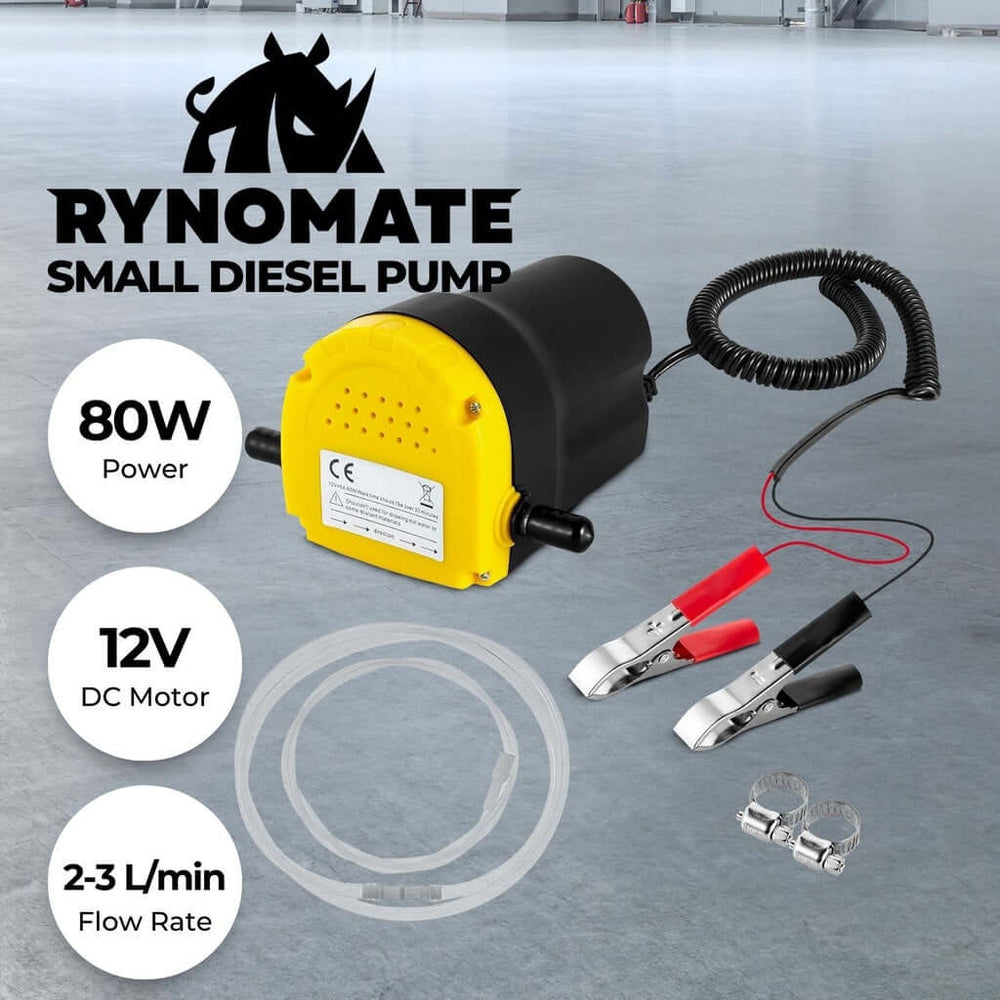 RYNOMATE 12V portable diesel pump with 80W power and 2-3 L/min flow rate, featuring clamps and tubing for efficient oil transfer.