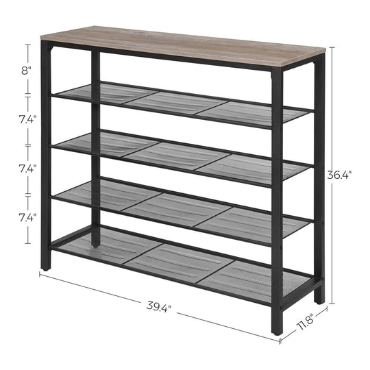 Affordable five-tier metal and wood shelf unit, quality homeware with 36.4" height, 39.4" width, and 11.8" depth, perfect for value furniture.