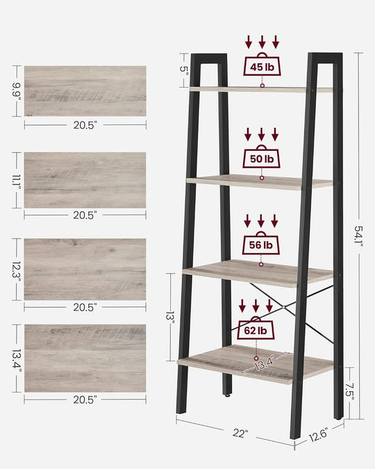 Affordable homewares shelving unit with four tiers, showcasing quality value furniture with detailed weight and dimension specifications.