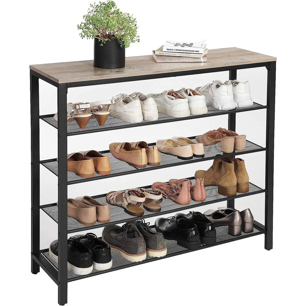 Affordable homewares - quality value furniture shoe rack with multiple shelves and a plant and books on top, neatly storing various shoes.