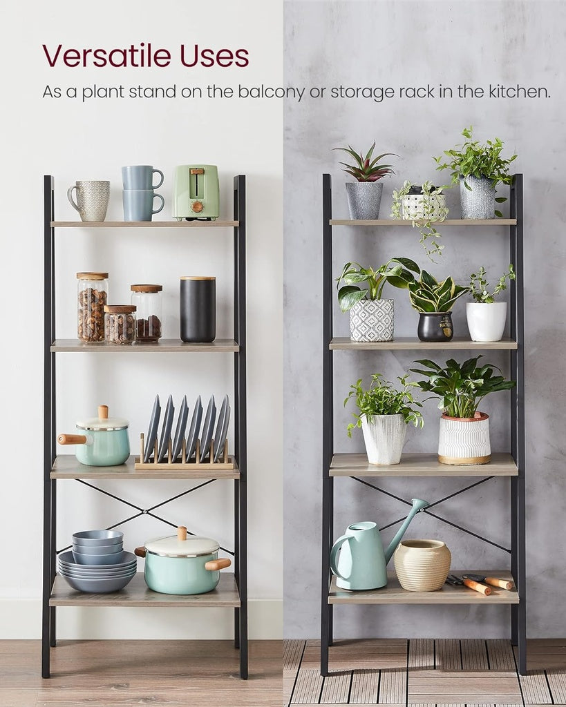 Versatile black shelving units used as plant stands and kitchen storage racks displaying affordable homewares and value furniture.