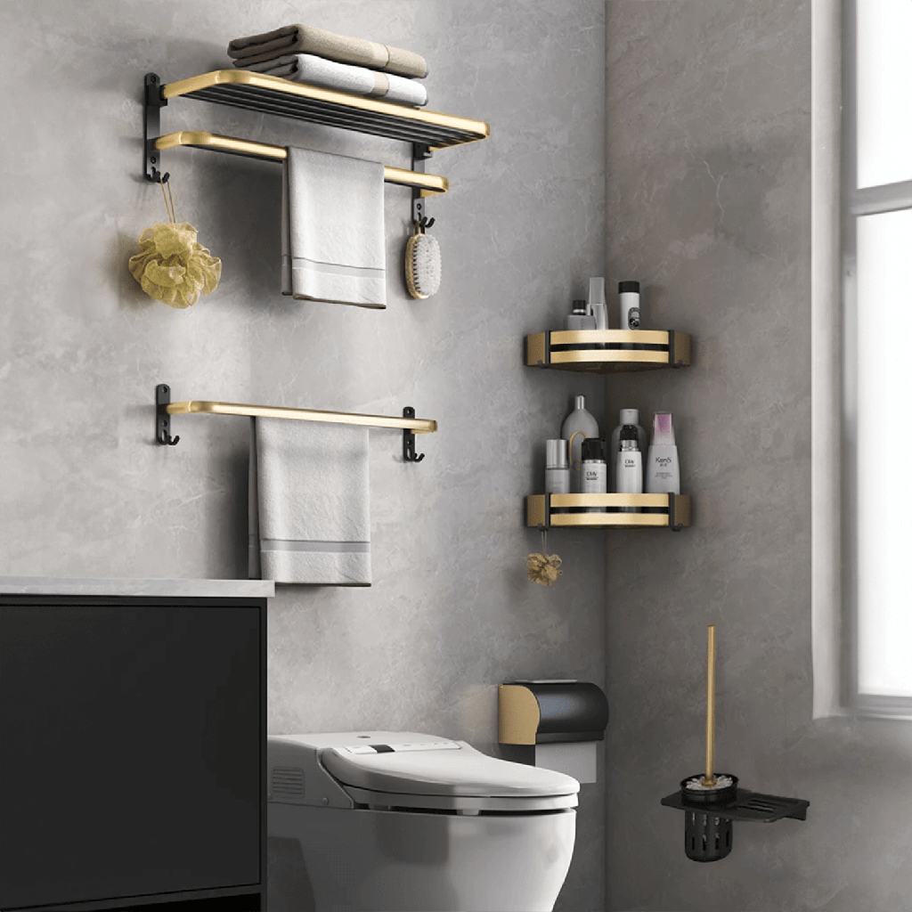 Gominimo affordable DIY black gold bathroom accessories set, featuring a luxe towel holder and shelves, made of quality space aluminum.