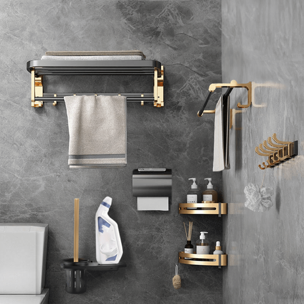 Affordable durable black gold bathroom accessories set with towel holder and hooks, crafted from quality space aluminum for DIY luxe styling.